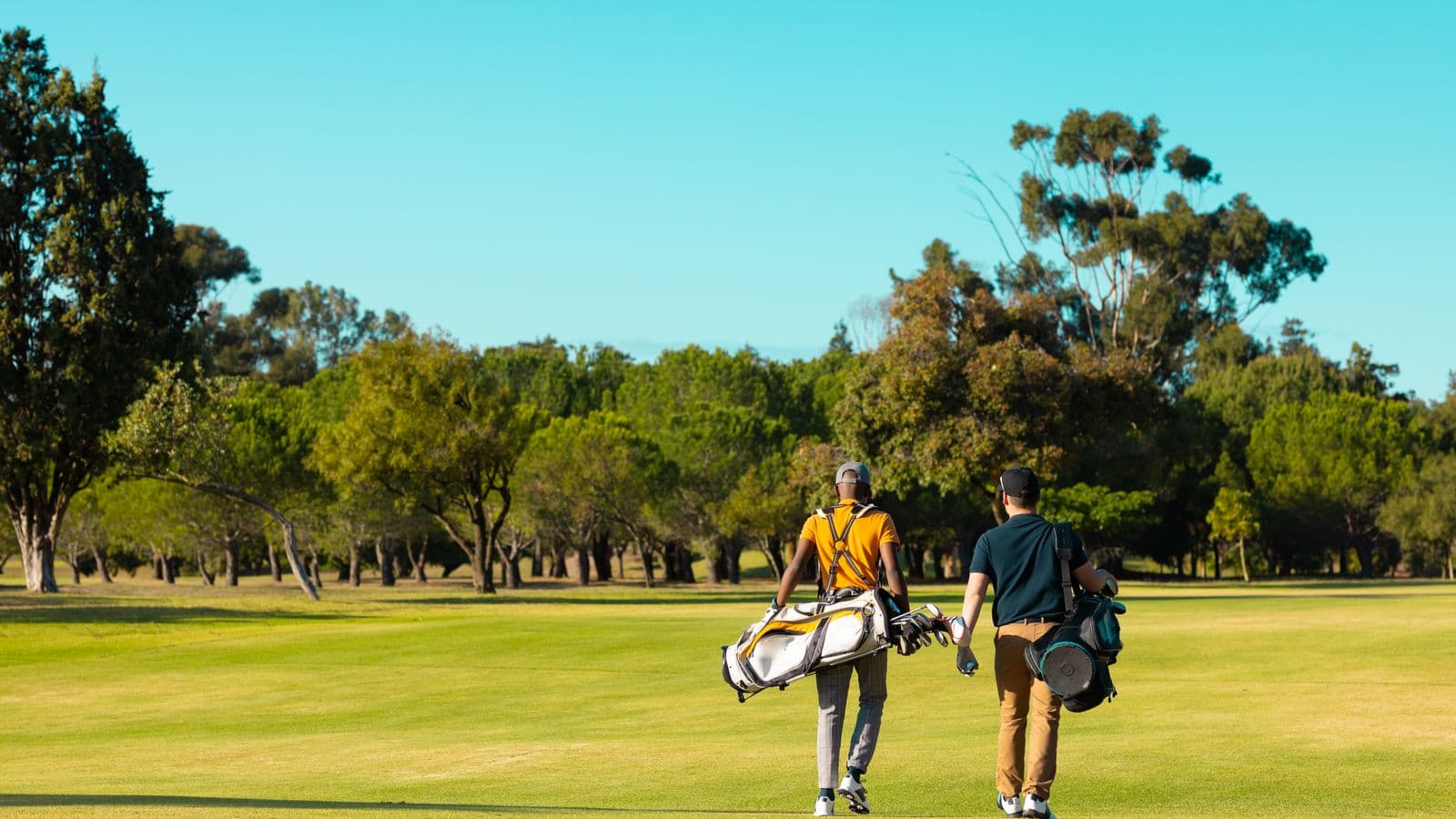 Two young golfers walking away down a sunny fairway, each carrying a golf bag, toward a line of trees