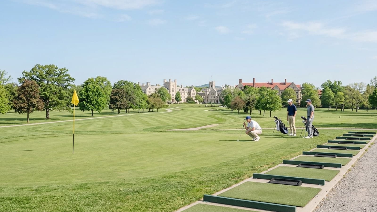 A college practice green and turf hitting bays in the foreground, with a mown fairway, mature trees and university rooflines behind