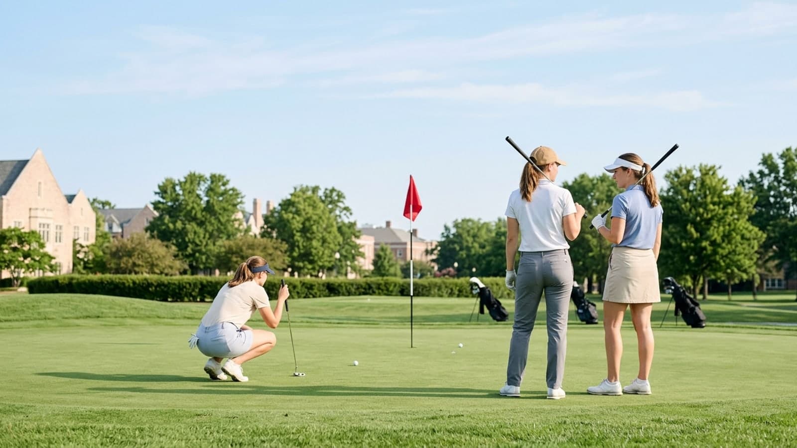 Three women golfers on a college practice putting green, one reading a putt and two talking, with campus gables behind the trees