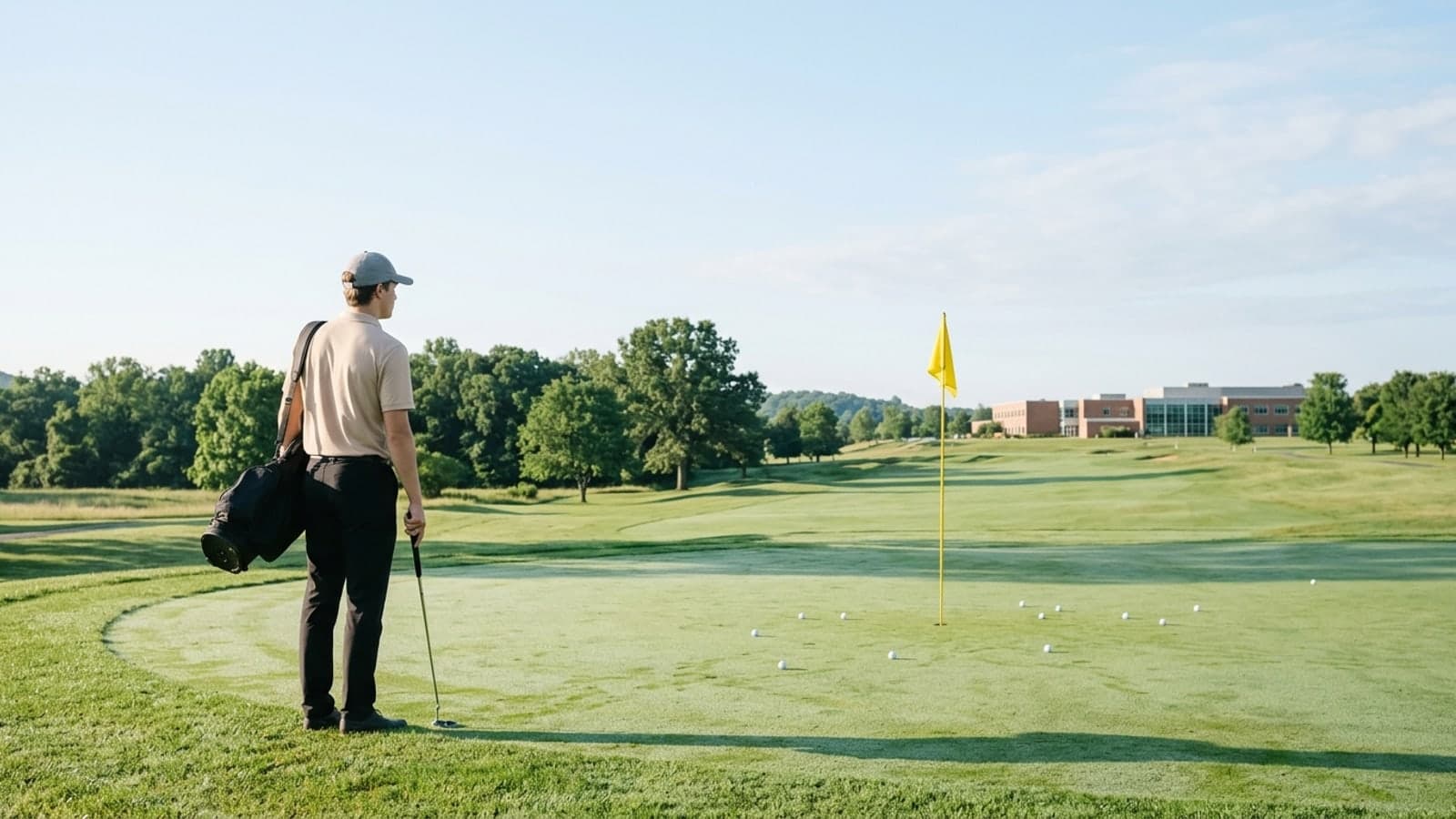 A golfer standing alone at the edge of a practice green in early morning, bag on their shoulder, looking out across the course toward a campus building