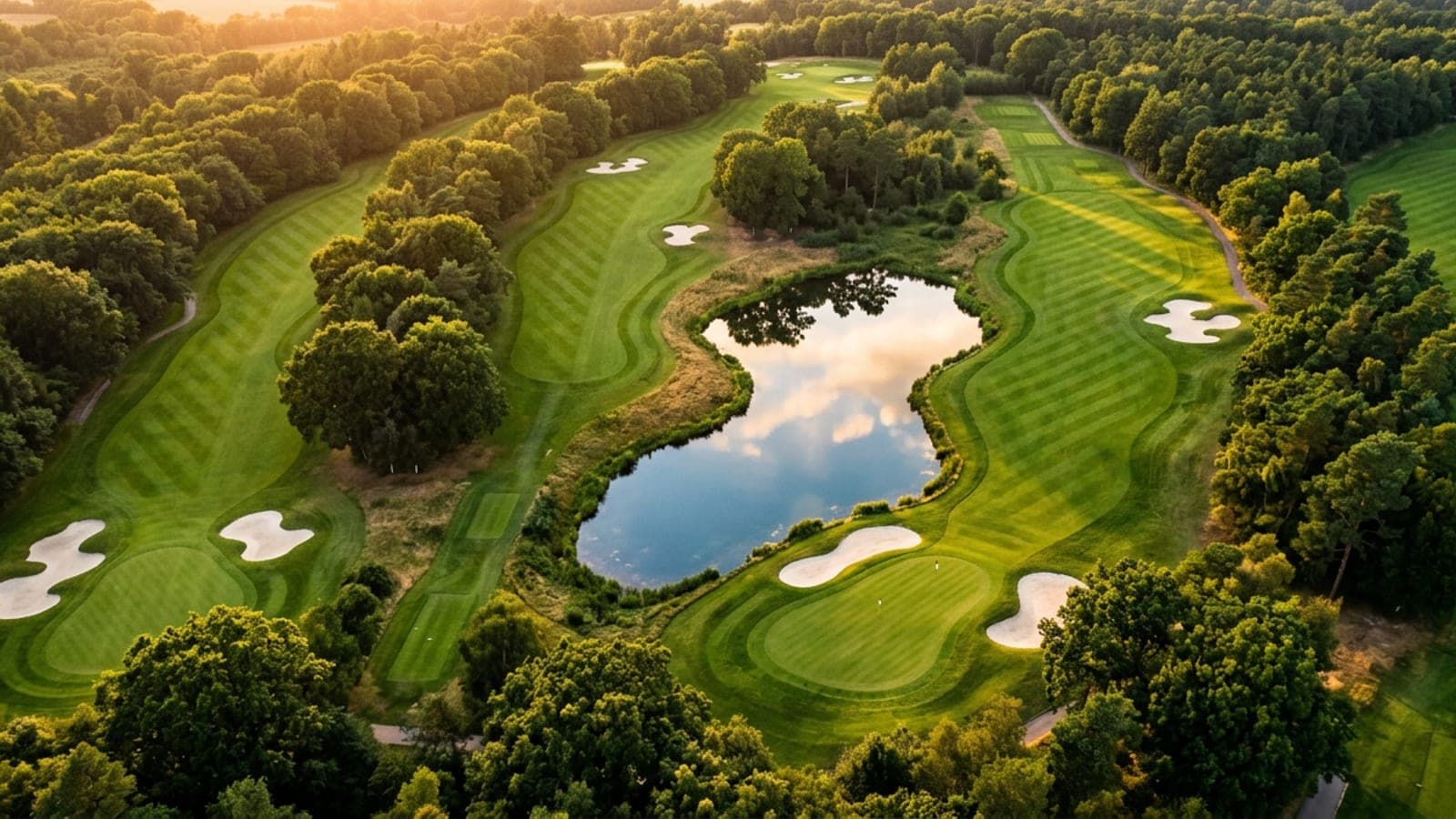 An aerial view of a parkland golf course in late afternoon light, with fairways running between mature trees around a small lake
