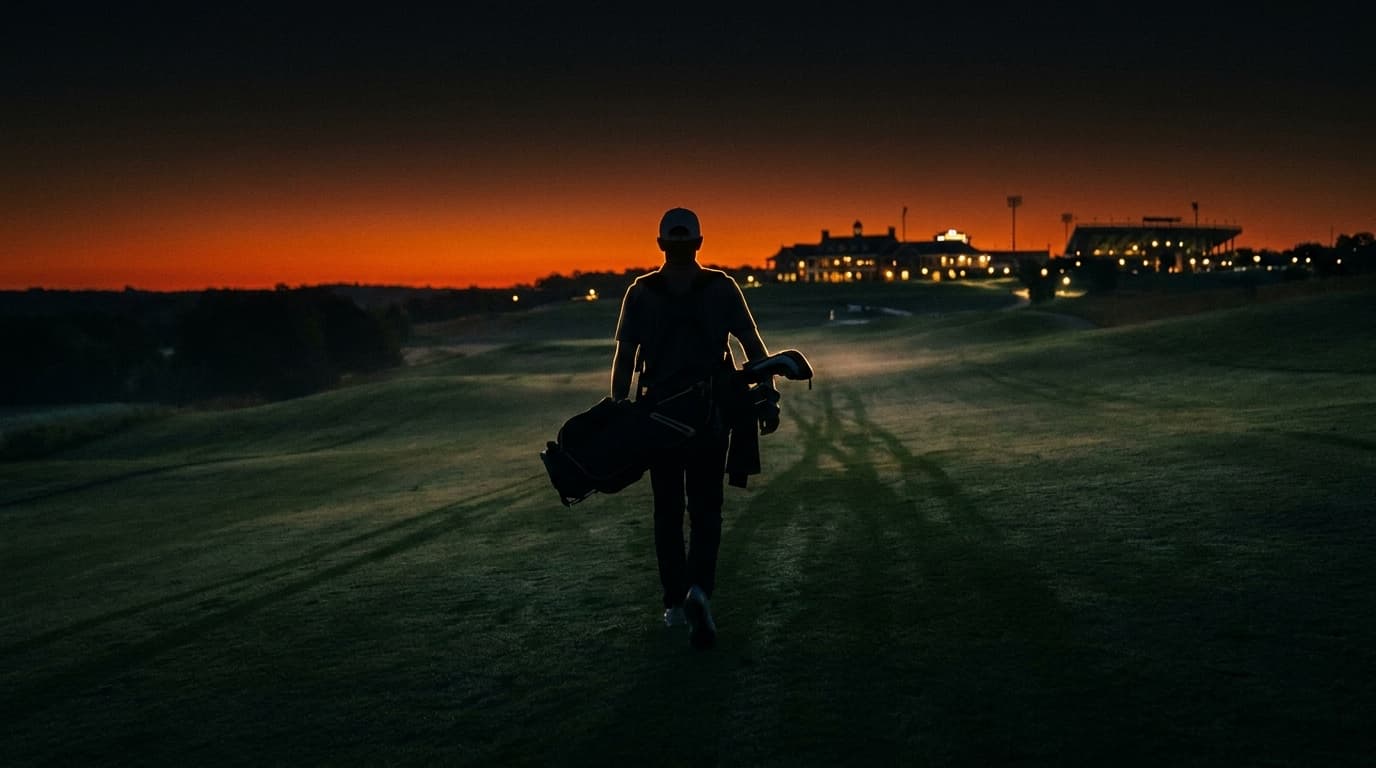 Junior golfer walking up a fairway at dusk toward clubhouse lights